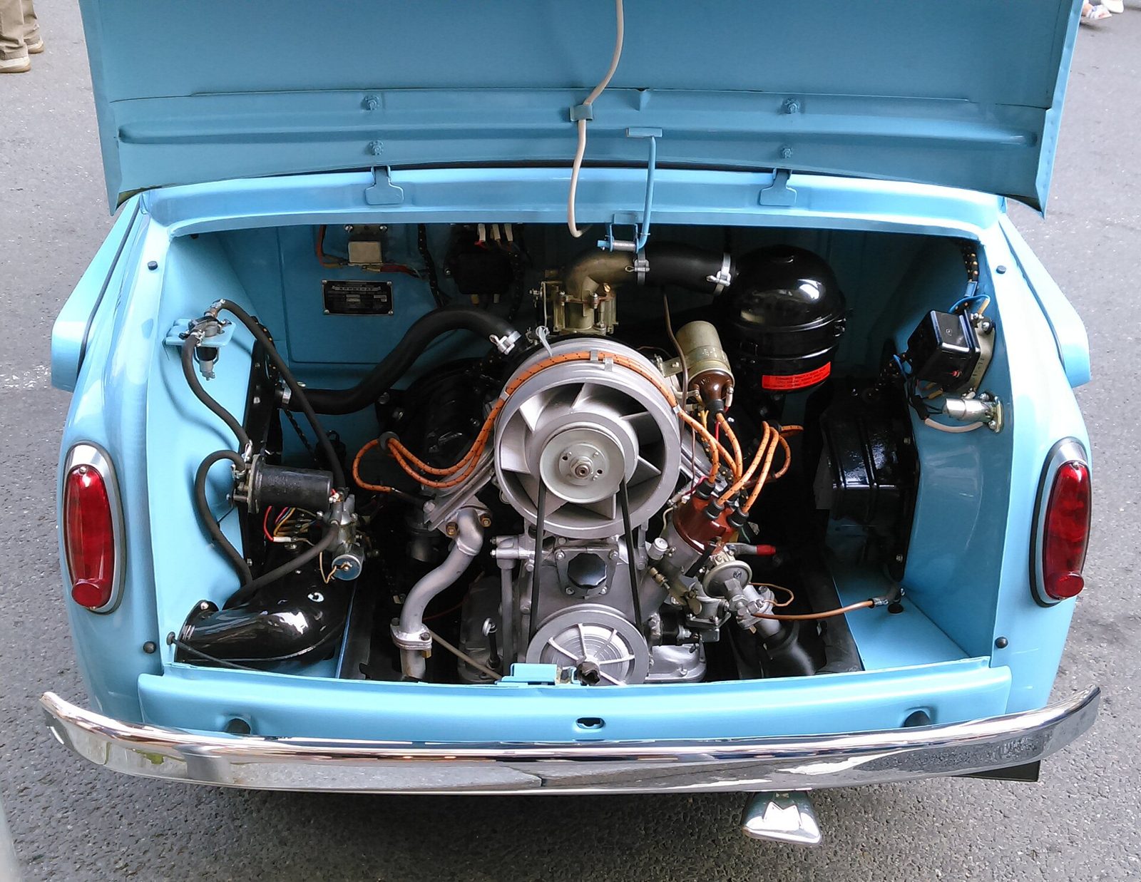 A rear-engined classic with the engine cover open